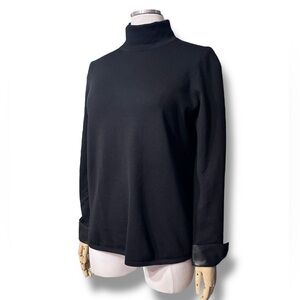 BELFORD Black Merino Wool Turtleneck Sweater Black Leather French Cuffs VINTAGE